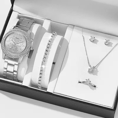 Women Fashion Three Eyes Quartz Diamond Watch Ring Earrings Necklace Set