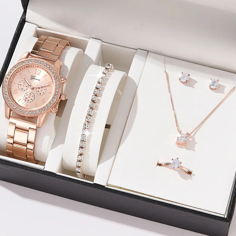 Women Fashion Three Eyes Quartz Diamond Watch Ring Earrings Necklace Set