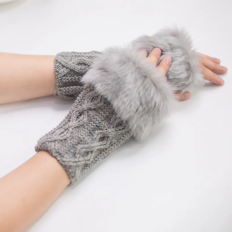 Autumn And Winter Women Fashion Multicolor Diamond Wool Plush Open Finger Gloves