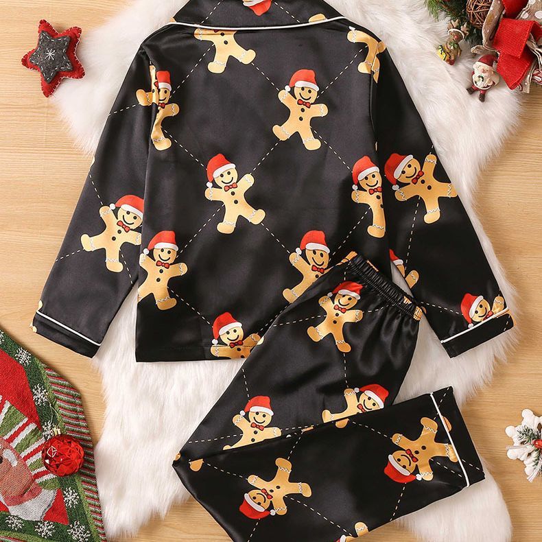 Wholesale Women Fashion Christmas Gingerbread Man Printed Cardigan Lapel  Silk Dye Home Pajamas Set