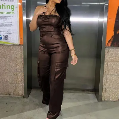 Women Sexy Strapless PU Jumpsuit Mid-Waist Socialite Style