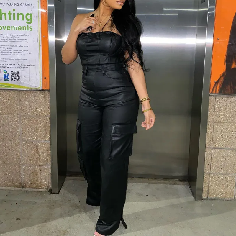 Women Sexy Strapless PU Jumpsuit Mid-Waist Socialite Style