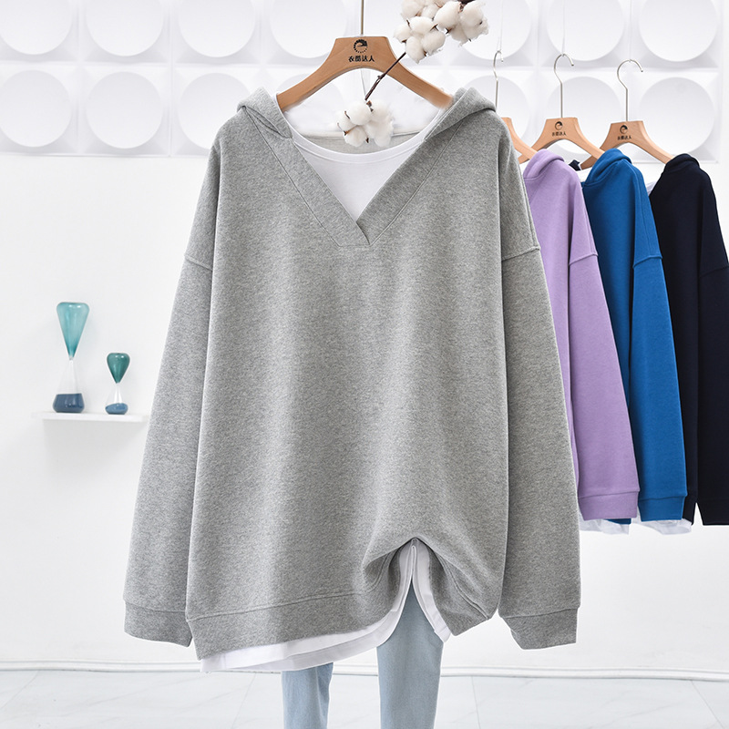 Wholesale Women Casual Solid Color V-Neck Stitching Hoodies