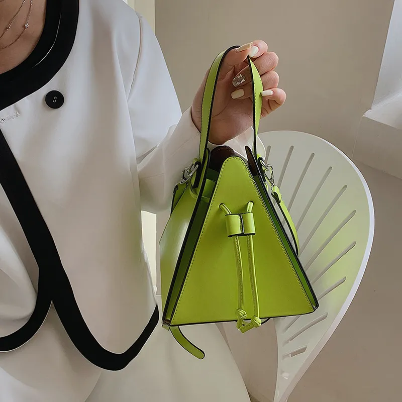 Women Fashion Solid Color Drawstring Triangle Handle Crossbody Bag