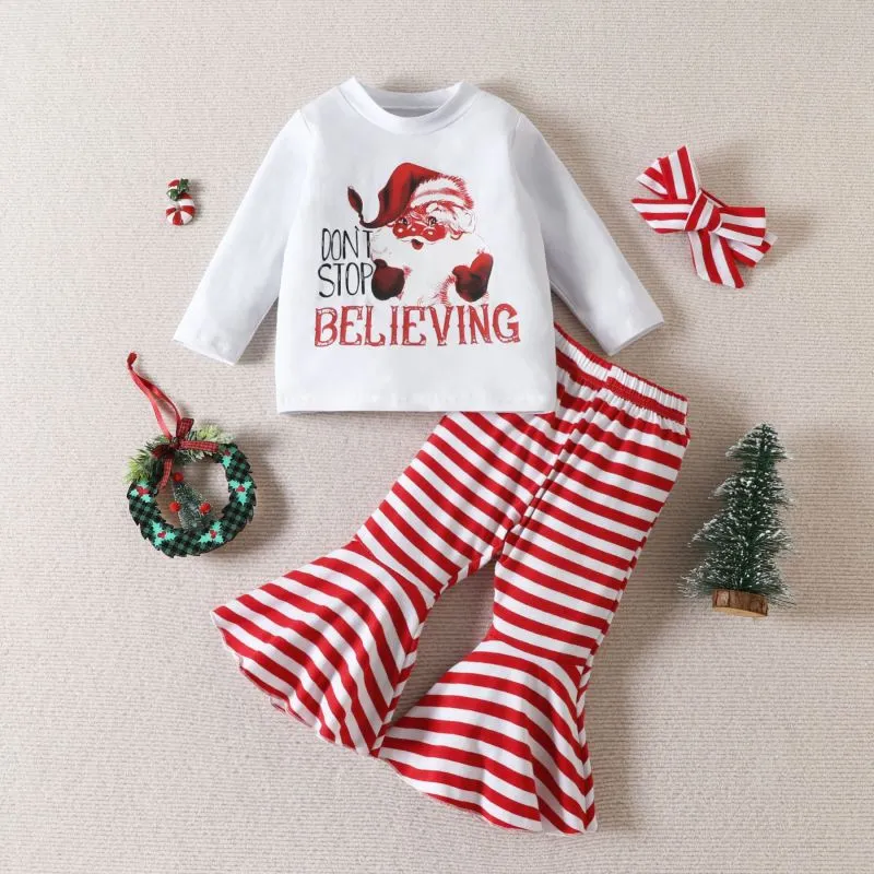 Wholesale Kids Toddler Girls Casual Cute Party Santa Letters Round Neck  Long Sleeve T-Shirt Flare Trousers Sets