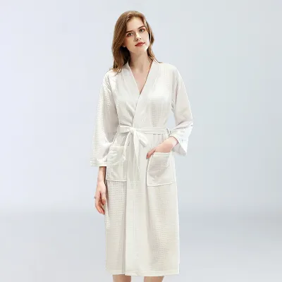 Men Pajamas Waffle Long Sleeve V Neck Robe Solid Color Sleepwear