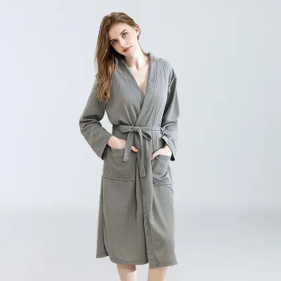 Men Pajamas Waffle Long Sleeve V Neck Robe Solid Color Sleepwear