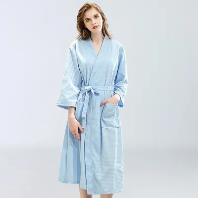 Men Pajamas Waffle Long Sleeve V Neck Robe Solid Color Sleepwear