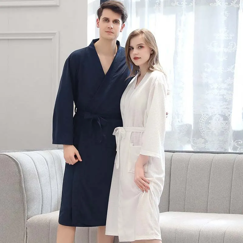 Men Pajamas Waffle Long Sleeve V Neck Robe Solid Color Sleepwear