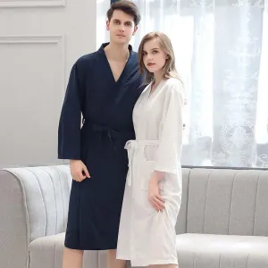 Men Pajamas Waffle Long Sleeve V Neck Robe Solid Color Sleepwear