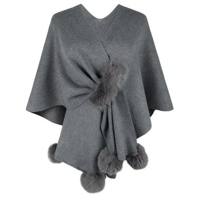 Autumn Winter Women Fashion Solid Color Fur Ball Cape Knitted Cardigan Shawl