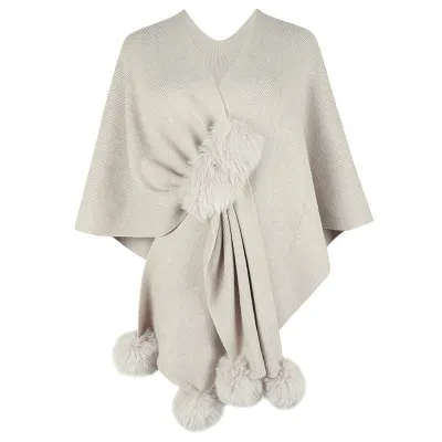 Autumn Winter Women Fashion Solid Color Fur Ball Cape Knitted Cardigan Shawl