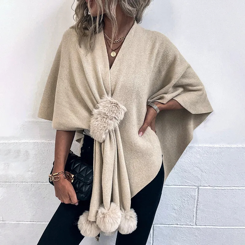 Autumn Winter Women Fashion Solid Color Fur Ball Cape Knitted Cardigan Shawl