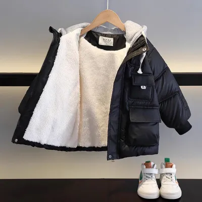 Winter Teen Kid Casual Warm Hooded Coat Zip Up PU Leather Letter Pattern Thickening Boys Coat