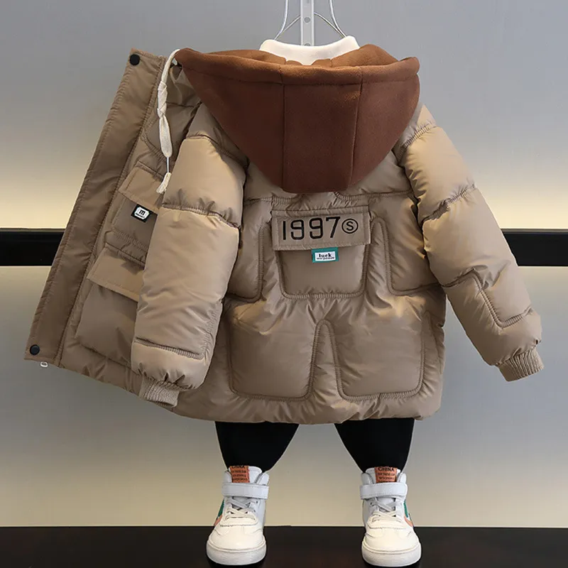 Winter Teen Kid Casual Warm Hooded Coat Zip Up PU Leather Letter Pattern Thickening Boys Coat