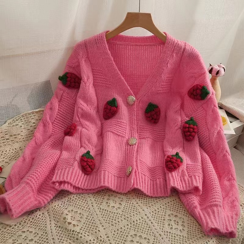 Wholesale Women Fashion Loose Strawberry Knitted Cardigan