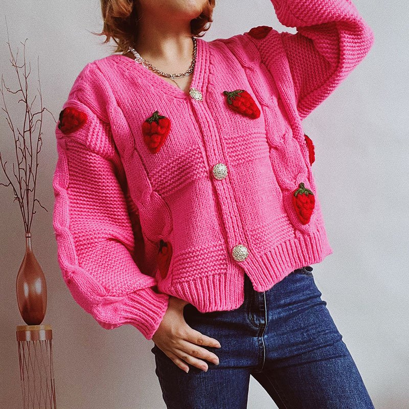 Wholesale Women Fashion Loose Strawberry Knitted Cardigan