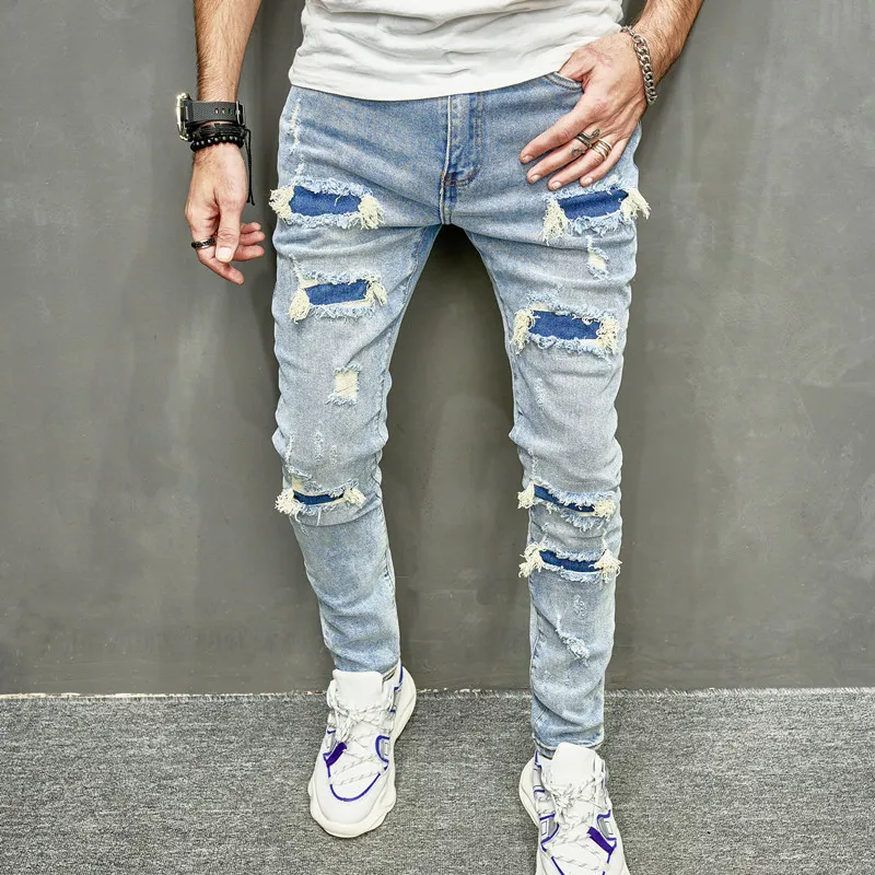 Men Fashion Casual Simple Straight Ripped Cone Jeans