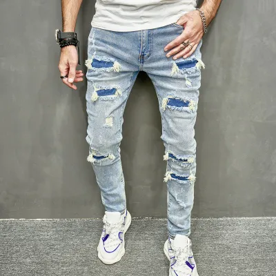 Men Fashion Casual Simple Straight Ripped Jeans