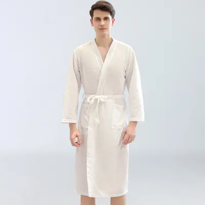 Couples Fashion Casual Home Solid Color Waffle V Neck Long Sleeve Robes Sleepwear for Men