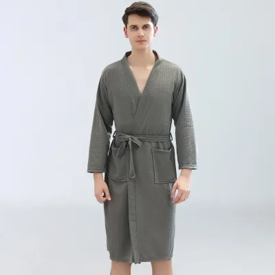 Couples Fashion Casual Home Solid Color Waffle V Neck Long Sleeve Robes Sleepwear for Men