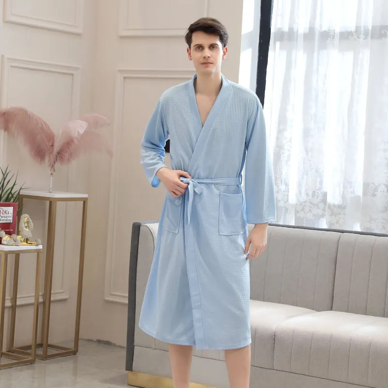 Couples Fashion Casual Home Solid Color Waffle V Neck Long Sleeve Robes Sleepwear for Men