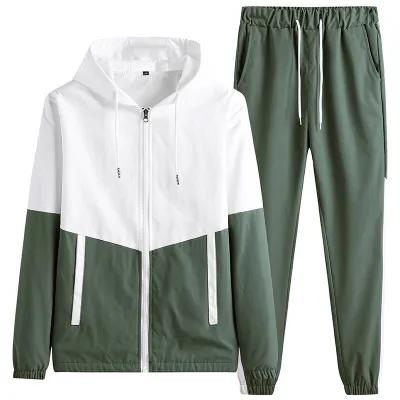 Men Spring Autumn Casual Sports Color-Blocked Hooded Long-Sleeved Zipper Coat Pants Plus Size Sets