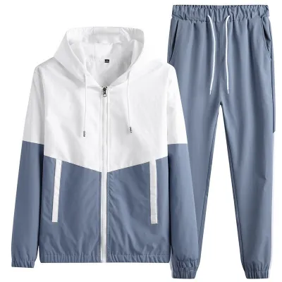 Men Spring Autumn Casual Sports Color-Blocked Hooded Long-Sleeved Zipper Coat Pants Plus Size Sets
