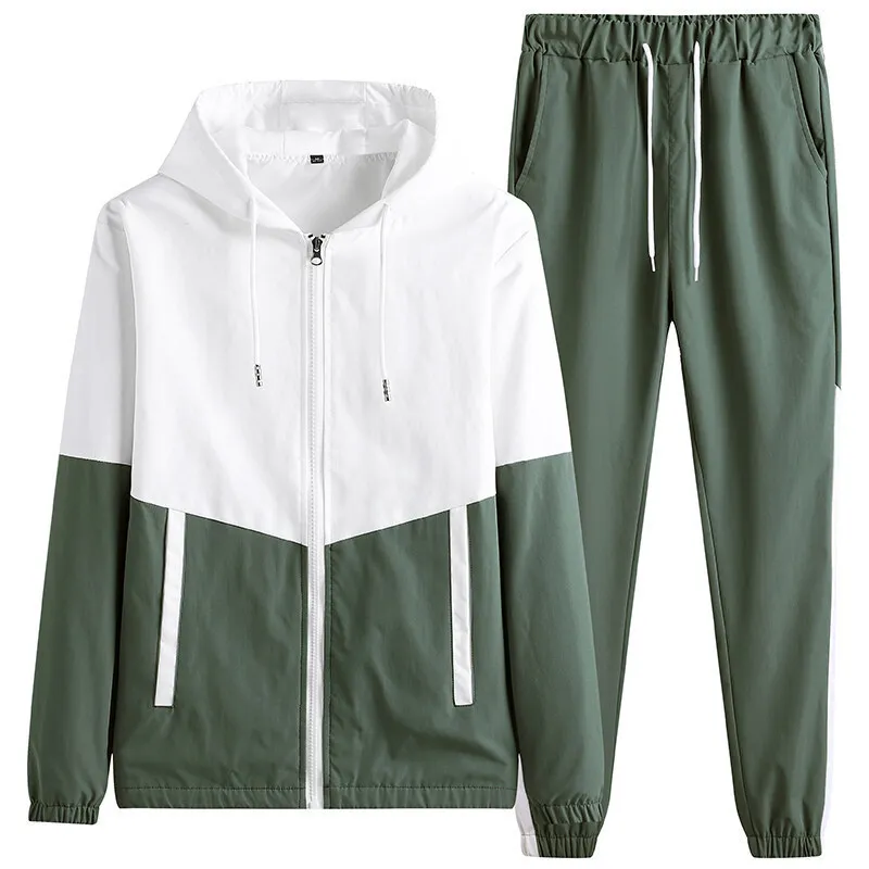 Men Spring Autumn Casual Sports Color-Blocked Hooded Long-Sleeved Zipper Coat Pants Plus Size Sets