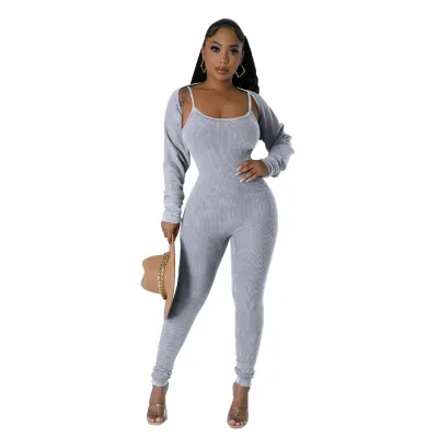 Women Fashion Sexy Sling Backless Jumpsuits Long Sleeve Shawl Set