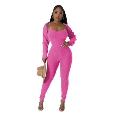 Women Fashion Sexy Sling Backless Jumpsuits Long Sleeve Shawl Set