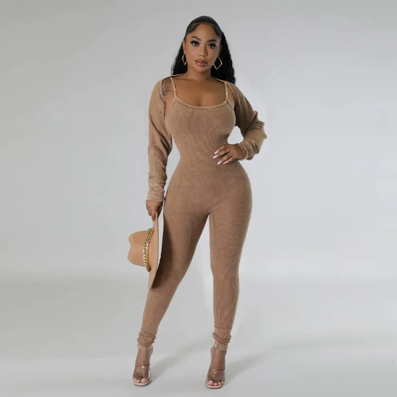 Women Fashion Sexy Sling Backless Jumpsuits Long Sleeve Shawl Set