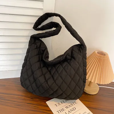 Women Solid Color Rhombic Quilted Large Capacity Tote Shoulder Bag Soft Nylon