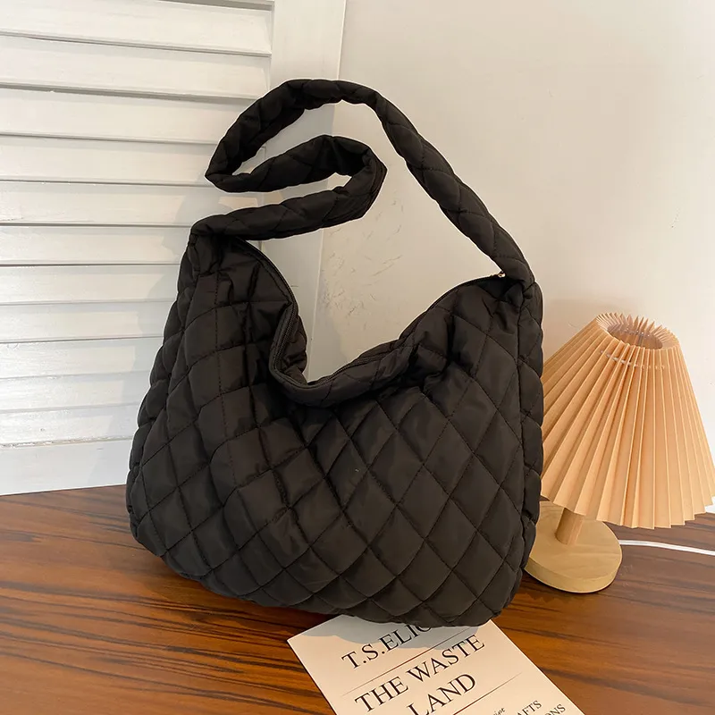 Women Solid Color Rhombic Quilted Large Capacity Tote Shoulder Bag Soft Nylon