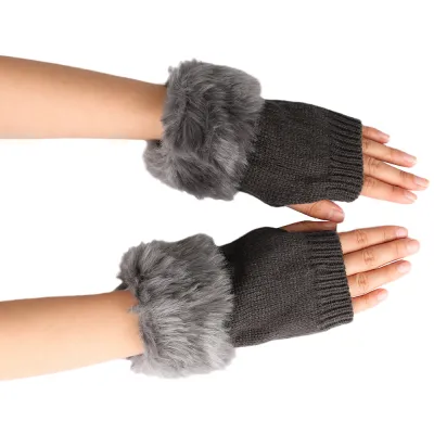 Autumn Winter Women Fashion Plush Thickened Warm Knitted Half-Finger Gloves