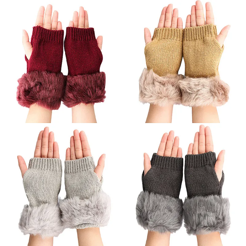 Autumn Winter Women Fashion Plush Thickened Warm Knitted Half-Finger Gloves