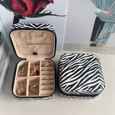 Women Simple Fashion Printed Mini Portable Ring Earrings Jewelry Storage Box