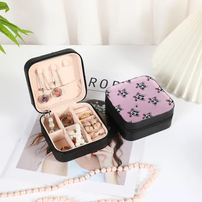 Women Simple Fashion Printed Mini Portable Ring Earrings Jewelry Storage Box