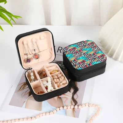 Women Simple Fashion Printed Mini Portable Ring Earrings Jewelry Storage Box