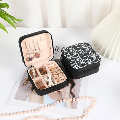 Women Simple Fashion Printed Mini Portable Ring Earrings Jewelry Storage Box
