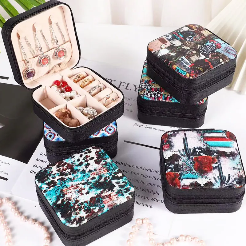 Women Simple Fashion Printed Mini Portable Ring Earrings Jewelry Storage Box