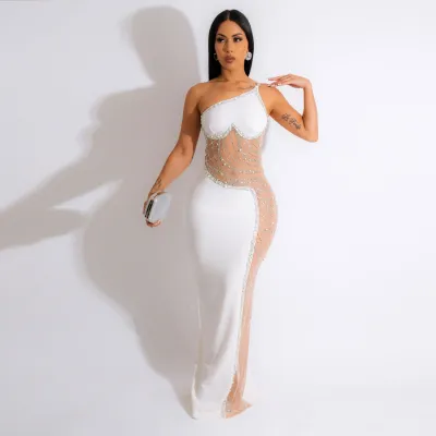 Women Sexy One-Shoulder Pearl Hot Drilling Mesh Maxi Dinner Dress