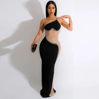 Women Sexy One-Shoulder Pearl Hot Drilling Mesh Maxi Dinner Dress