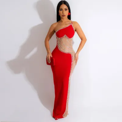 Women Sexy One-Shoulder Pearl Hot Drilling Mesh Maxi Dinner Dress