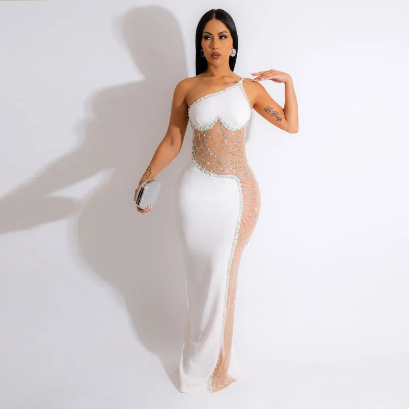 Women Sexy One-Shoulder Pearl Hot Drilling Mesh Maxi Dinner Dress