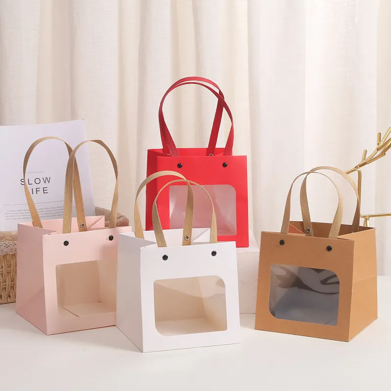 Fashion Simple Transparent Window Square Kraft Paper Gift Packaging Shopping Bag