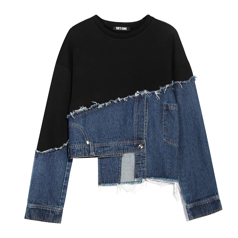 Women Asymmetric Denim Stitching Loose Fit Pullover Sweatshirt