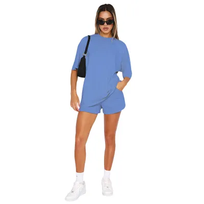 Women Casual Solid Color Short Sleeve Shorts Two Piece Set