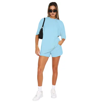 Women Casual Solid Color Short Sleeve Shorts Two Piece Set