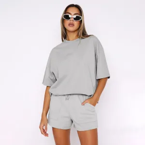 Women Casual Solid Color Short Sleeve Shorts Two Piece Set